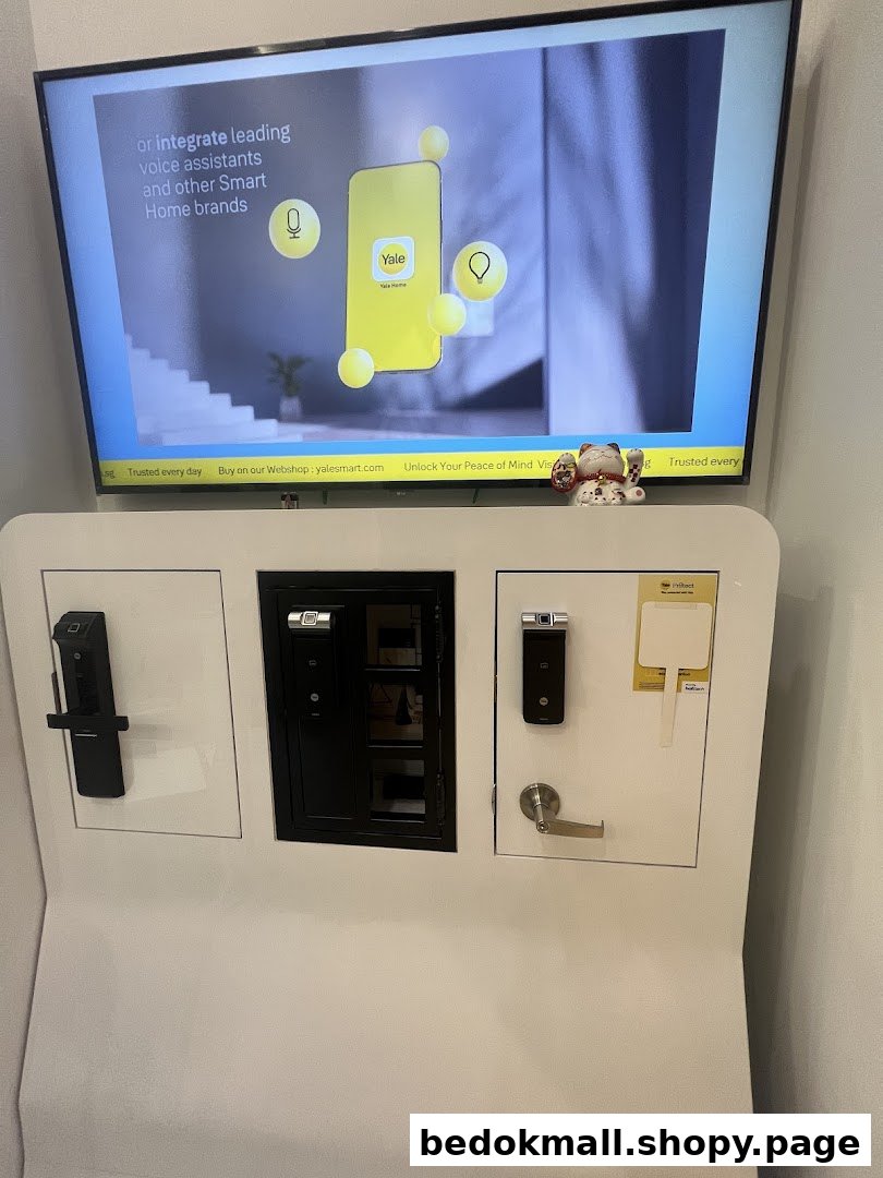 Interior display of smart locks and a TV screen showing Yale products.