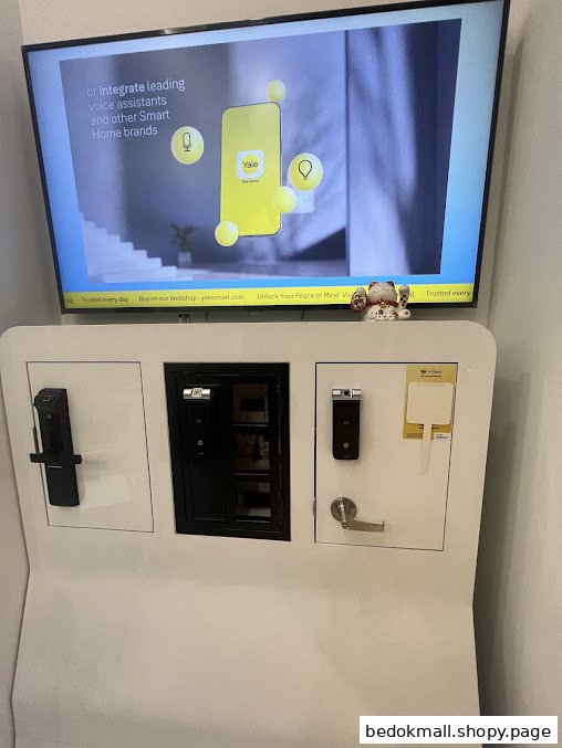 Interior display of smart home devices with a large screen advertisement.