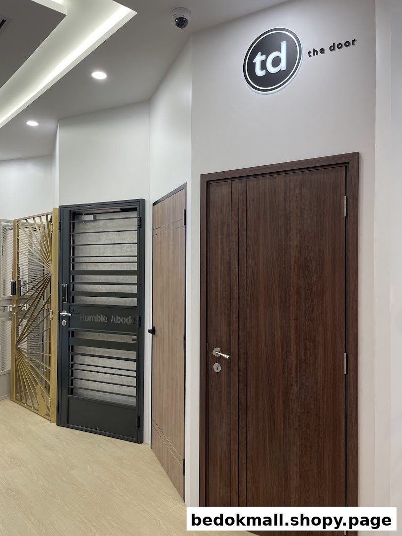 Interior view of a showroom displaying various doors and gates.