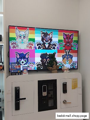 Interior display of smart locks with a large screen showing cartoon characters above.