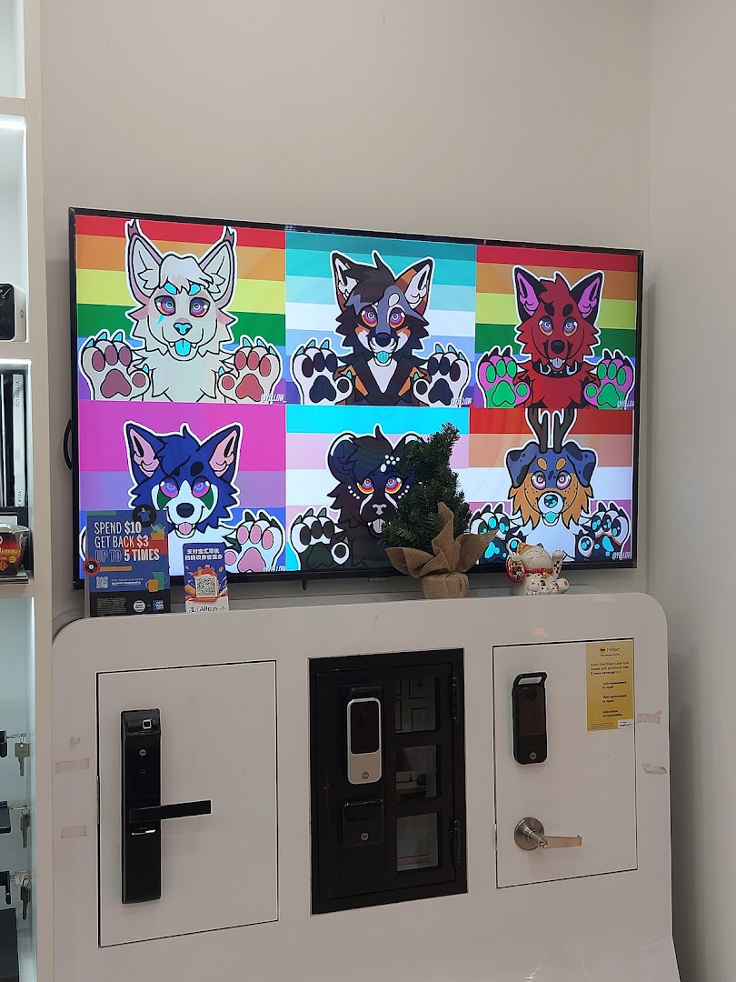 Interior view of a shop with a TV displaying cartoons and smart lock products.