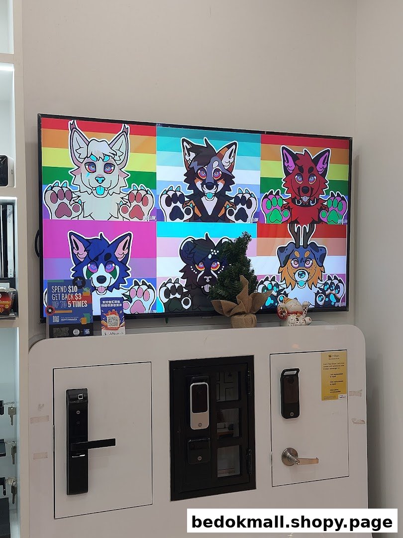 Interior view of a shop with a TV displaying cartoons and smart lock products.