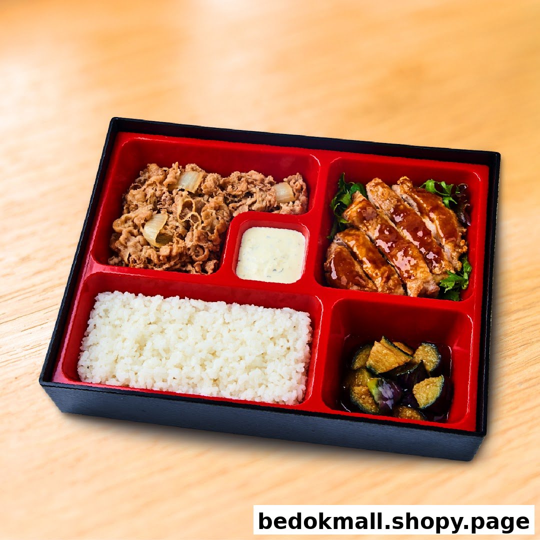 A bento box filled with rice, beef, chicken, and vegetables.