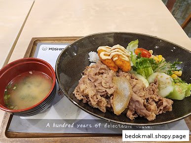 A meal with beef, rice, salad, and soup served on a tray.