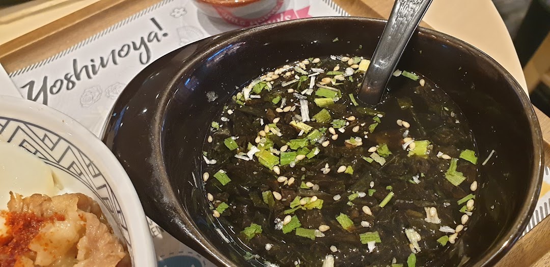 Close-up of a bowl of seaweed soup and another dish on a table.