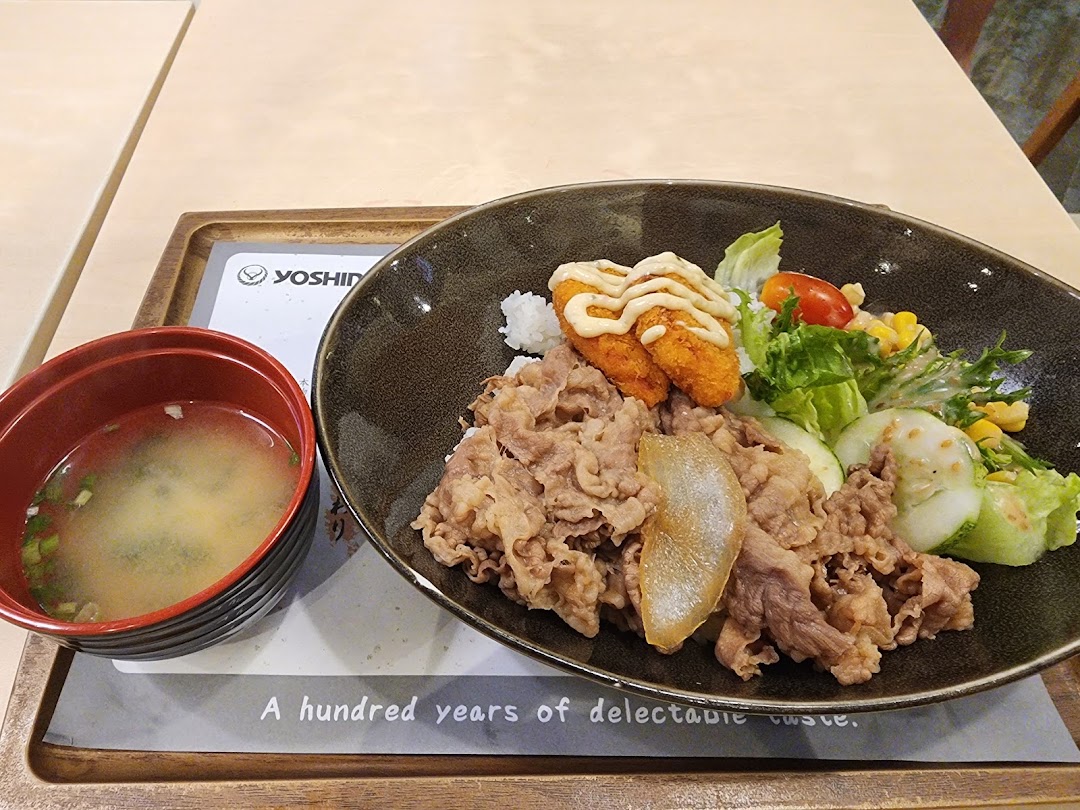 A bowl of beef and rice with salad, fried items, and soup on a tray.