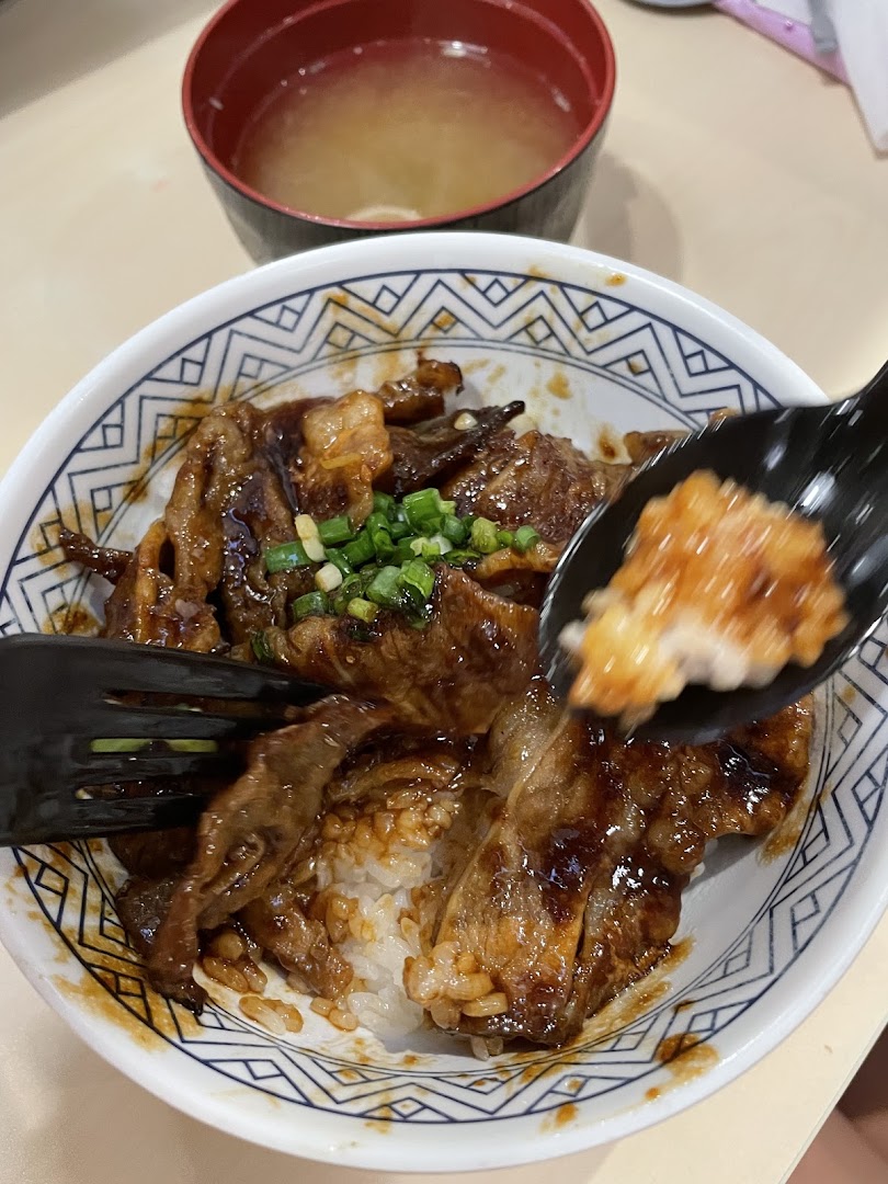 A close-up of a meat and rice bowl with soup.