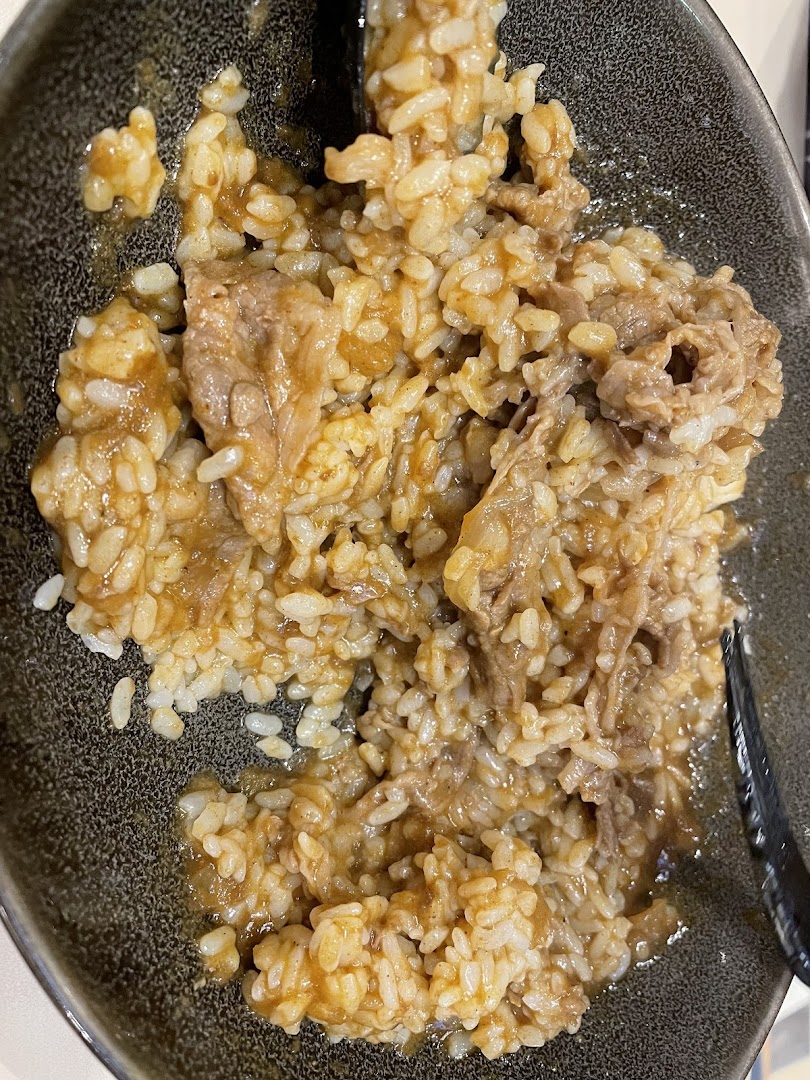 Close-up of a bowl of rice with beef and sauce.