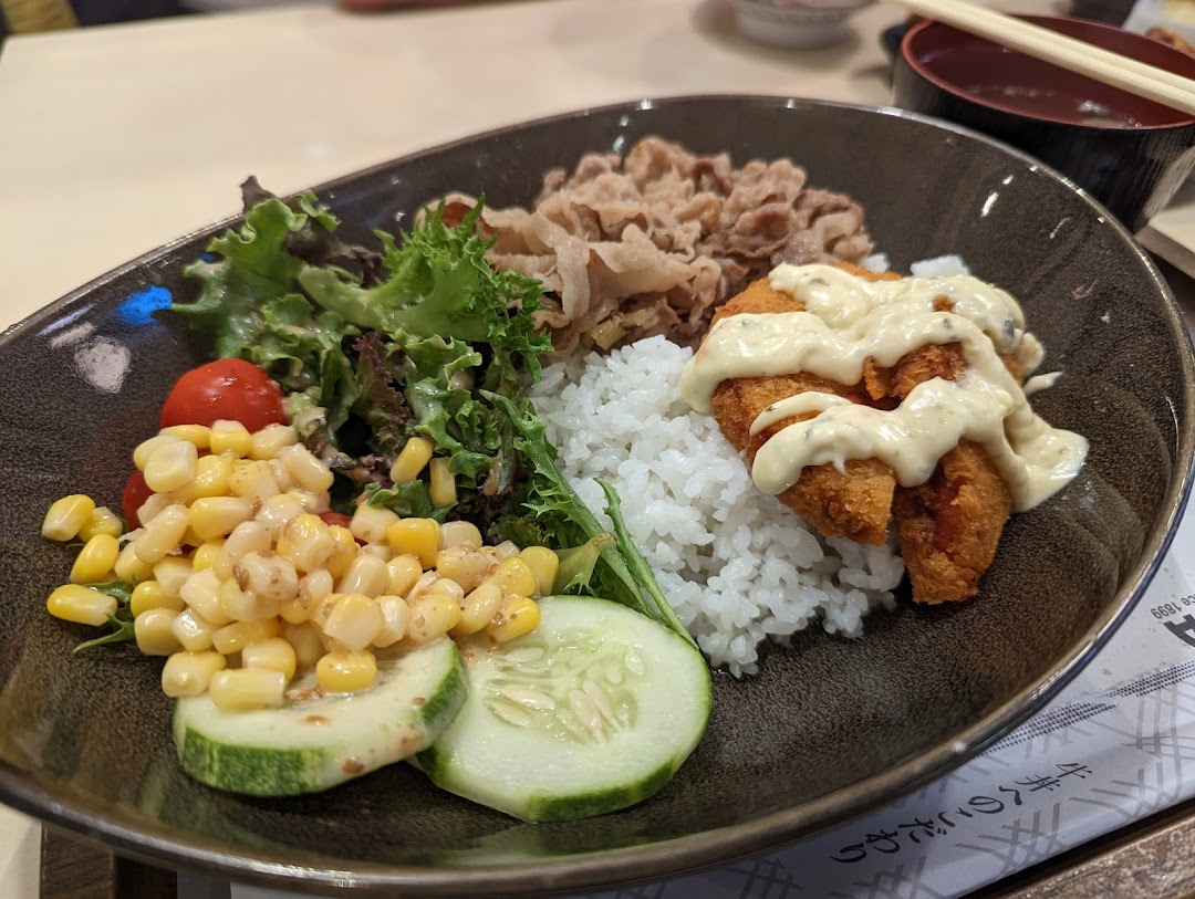 A close-up of a rice bowl with meat, fried fish, and salad.