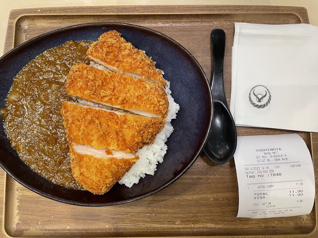 Katsu curry and rice on a tray with a spoon, napkin, and receipt.
