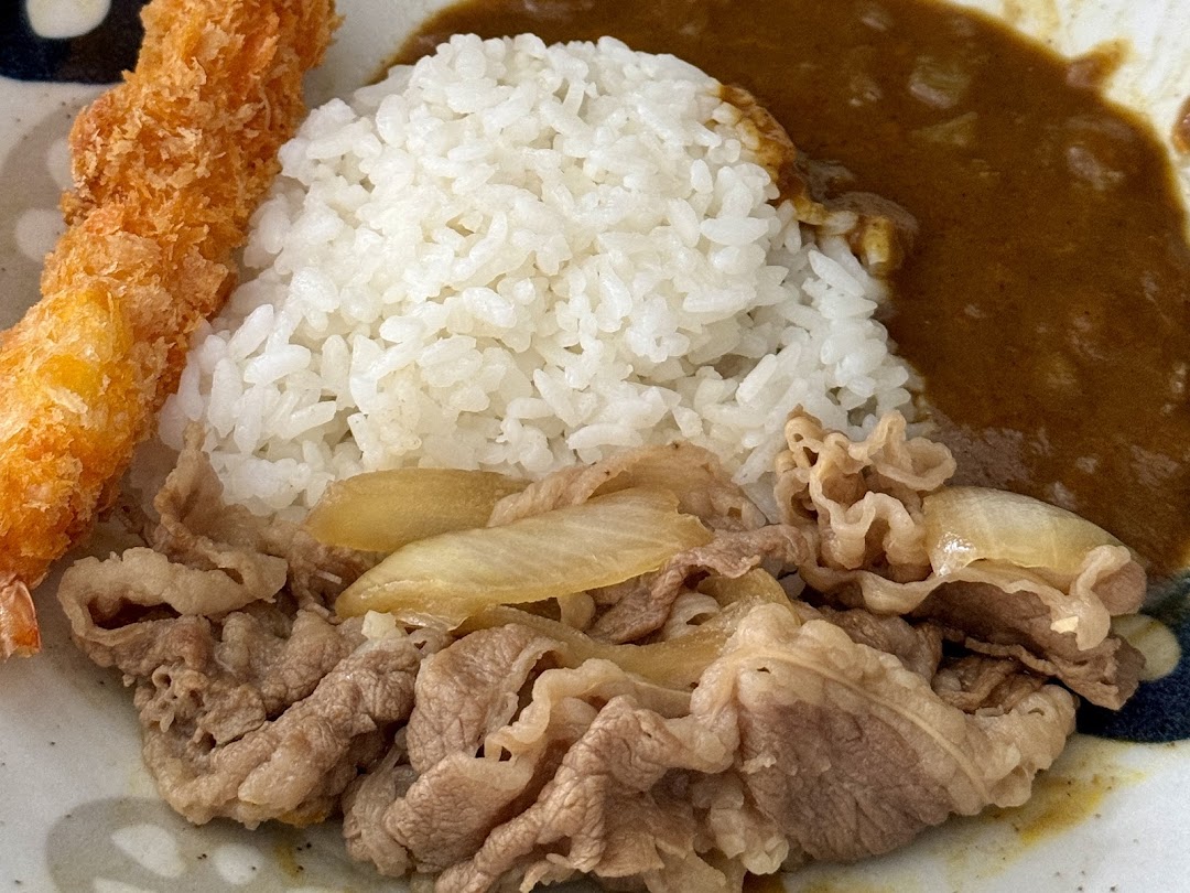Close-up of a plate with rice, beef, curry, and fried shrimp.