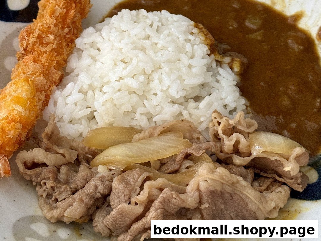 Close-up of a plate with rice, beef, curry, and fried shrimp.