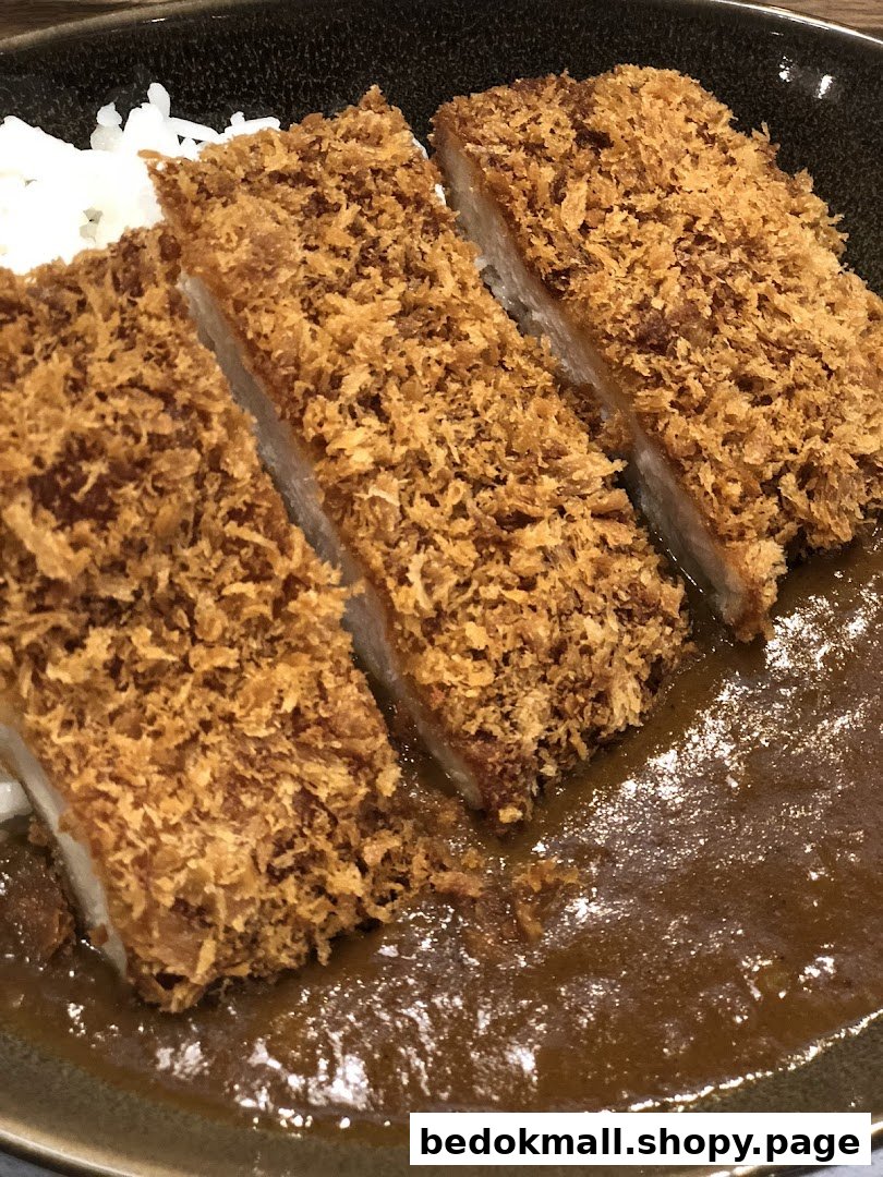A close-up of tonkatsu curry with rice in a bowl.