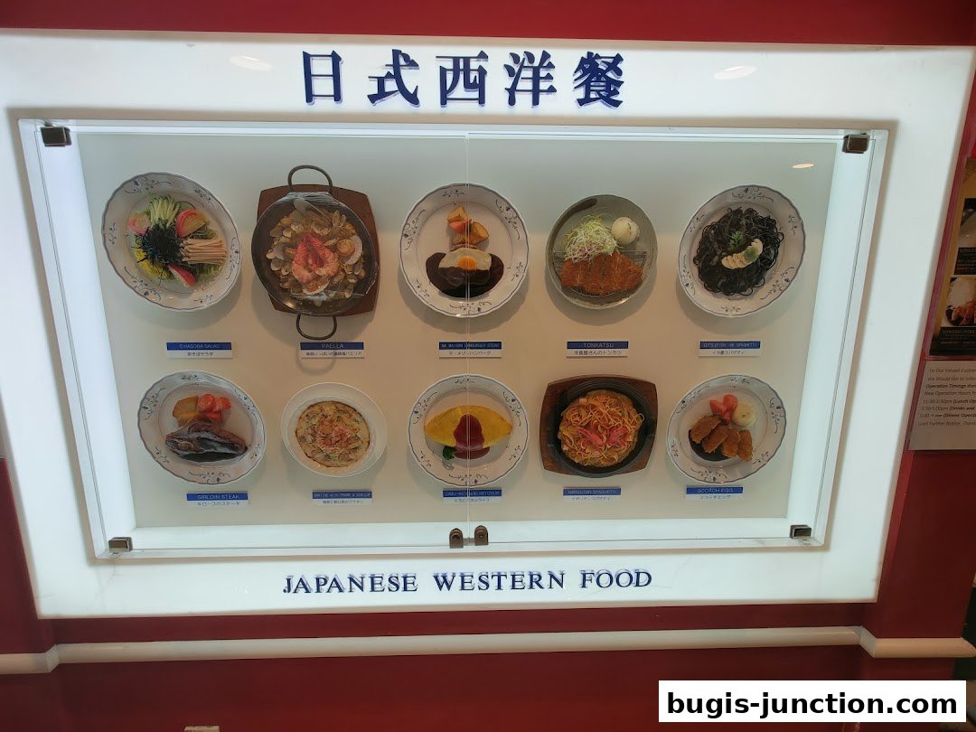A display of realistic food models showcasing Japanese Western cuisine.