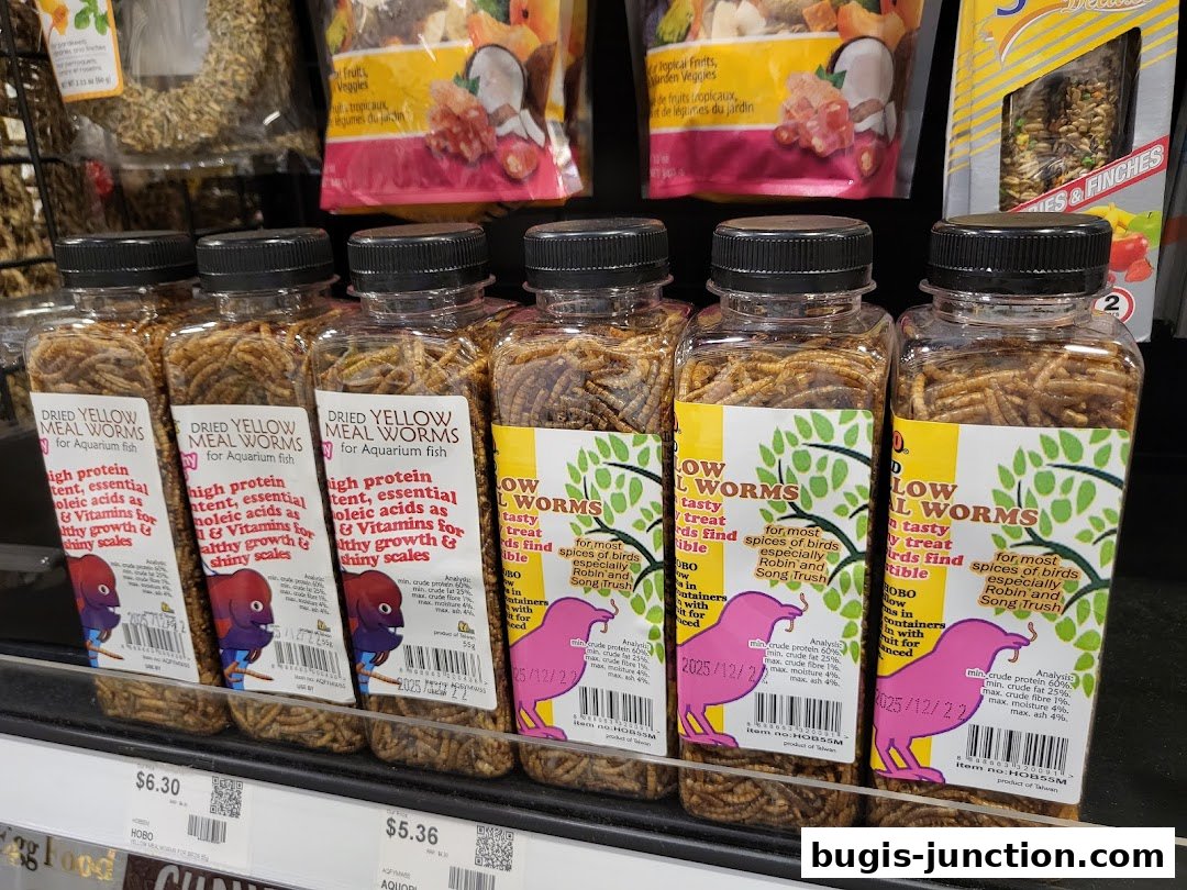 Bottles of dried yellow mealworms for aquarium fish and birds are displayed on a shelf.