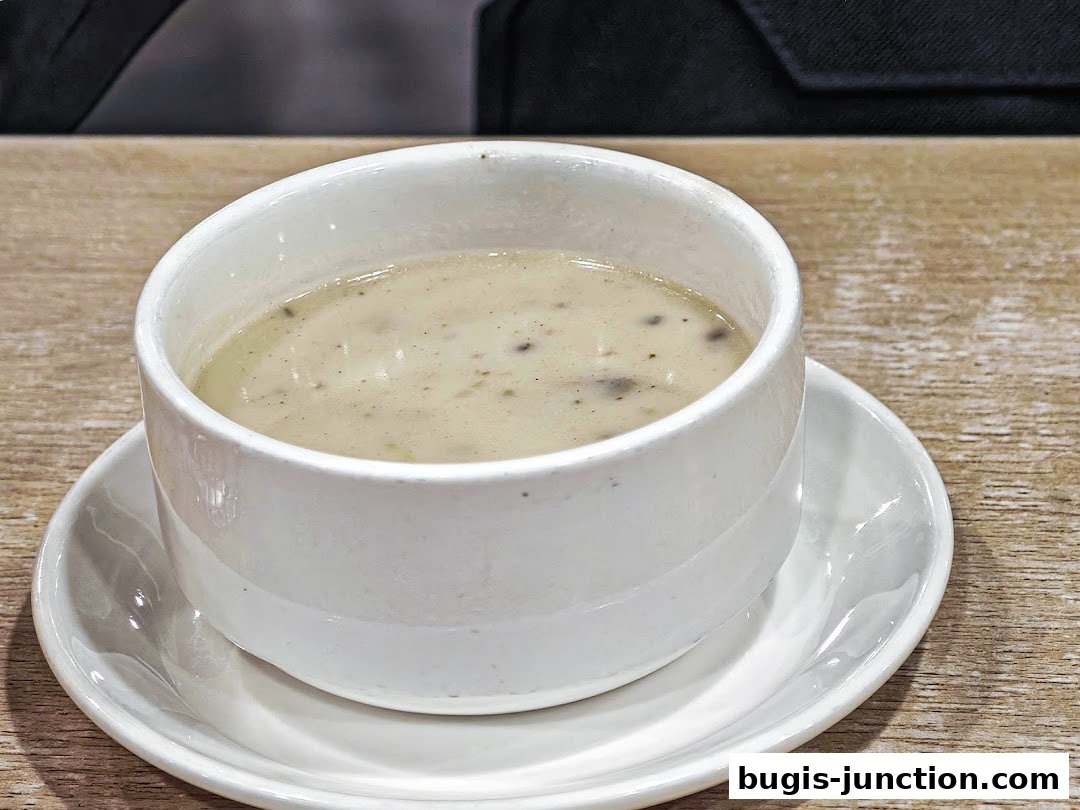 A close-up shot of a creamy mushroom soup served in a white bowl on a saucer.
