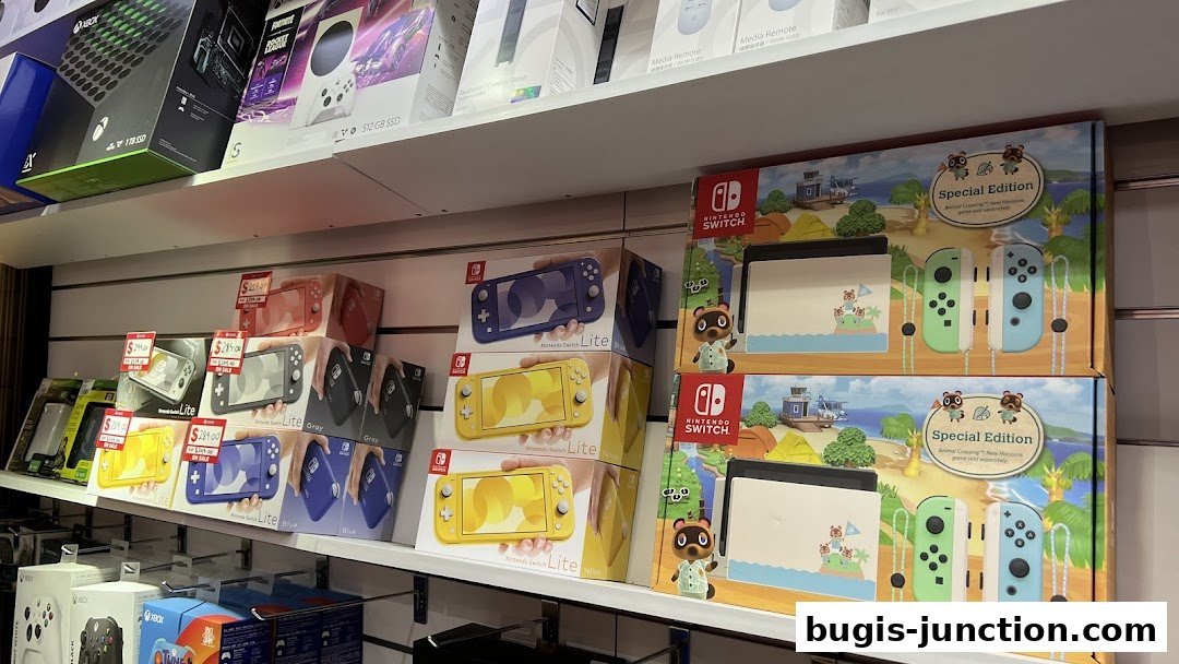 Shelves stocked with various Nintendo Switch consoles and accessories, including special editions.