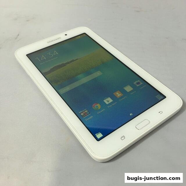 A white Samsung tablet displaying a landscape wallpaper and various app icons on its screen.