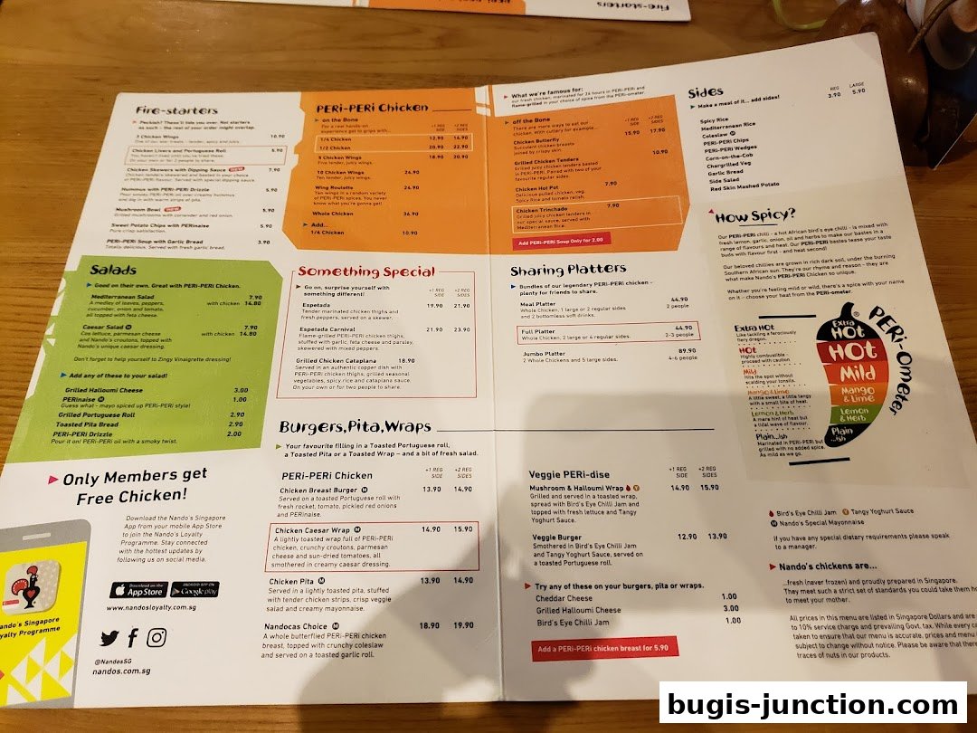 A menu from Nando's featuring PERi-PERi chicken, sides, salads, burgers, and platters.