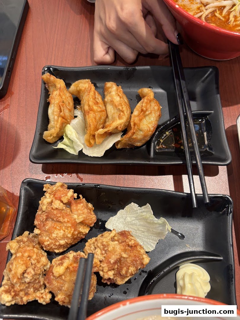 Two plates of Japanese appetizers, gyoza and fried chicken, are served with dipping sauce and mayonnaise.