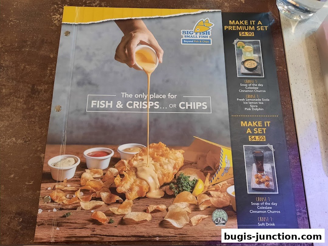 A menu from Big Fish Small Fish featuring fish and crisps with set meal options.