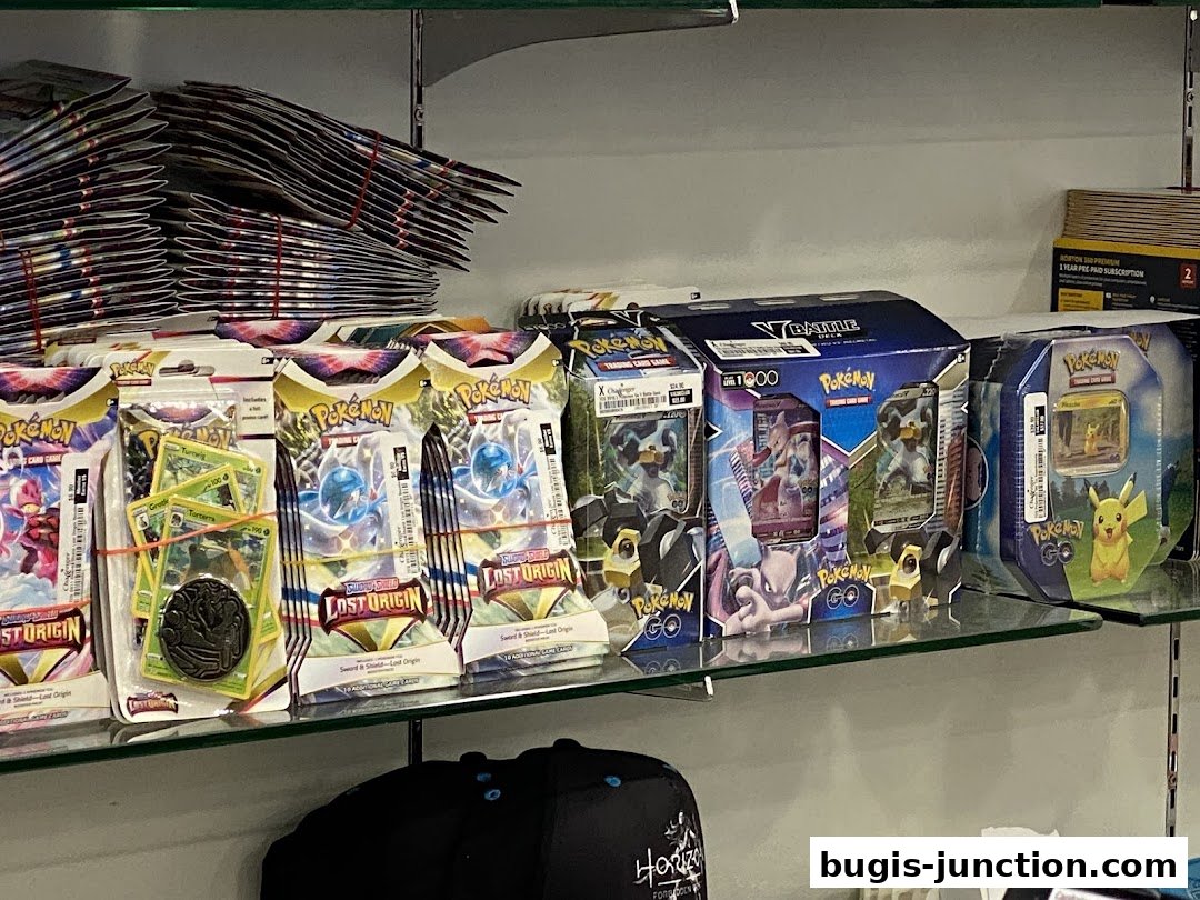 Shelves stocked with various Pokemon trading card packs and boxes.
