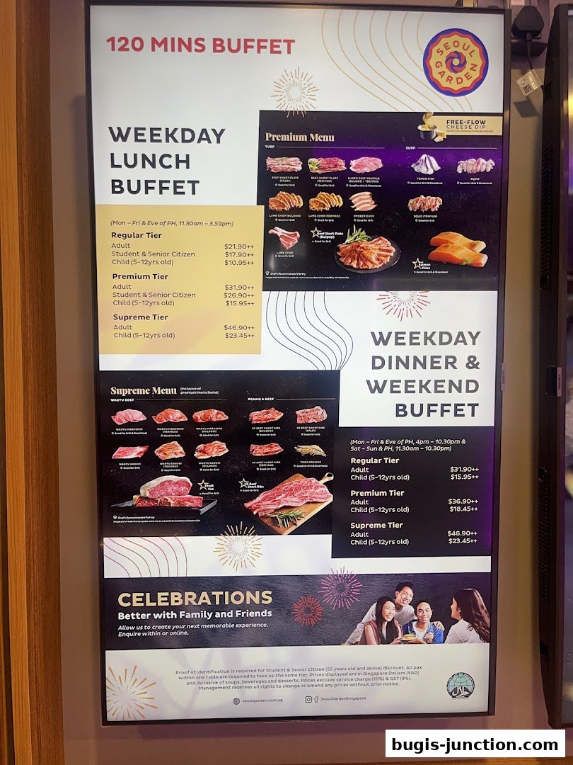A menu board for Seoul Garden offering weekday lunch and dinner/weekend buffets with different tiers and prices.