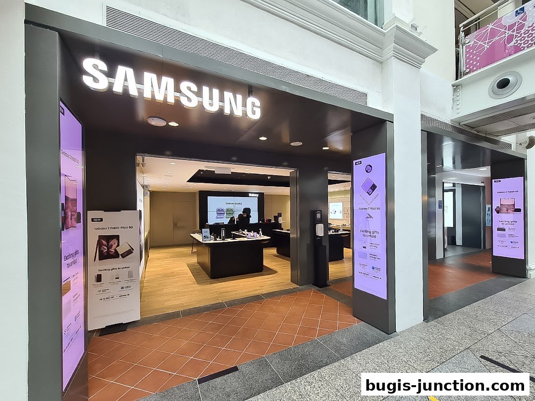 The entrance to a modern Samsung Experience Store showcasing new Galaxy phones and accessories.