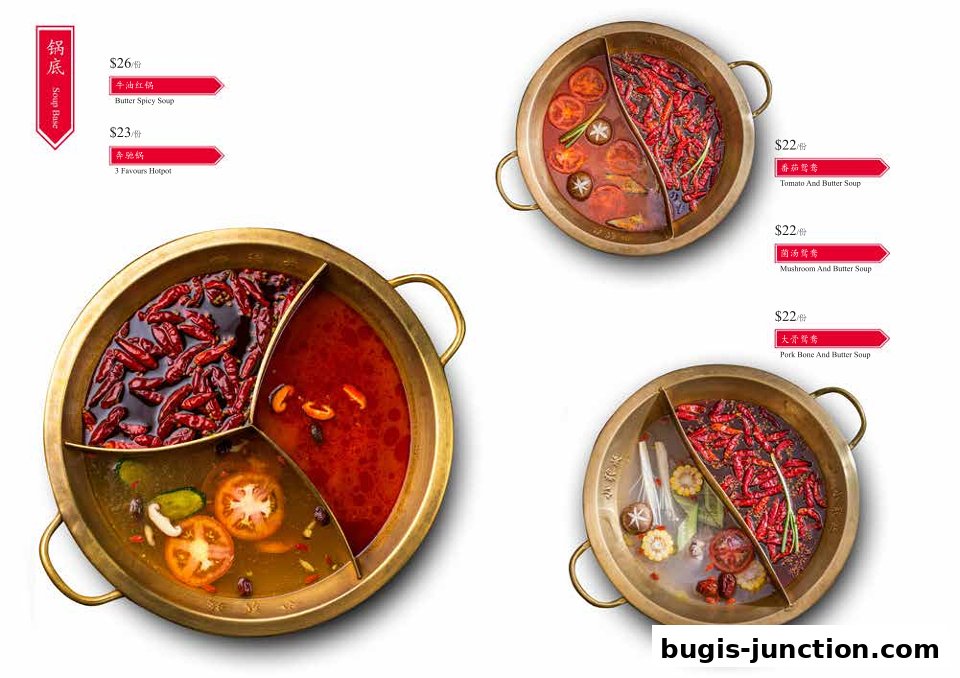 A selection of hotpot soup bases with ingredients and prices.