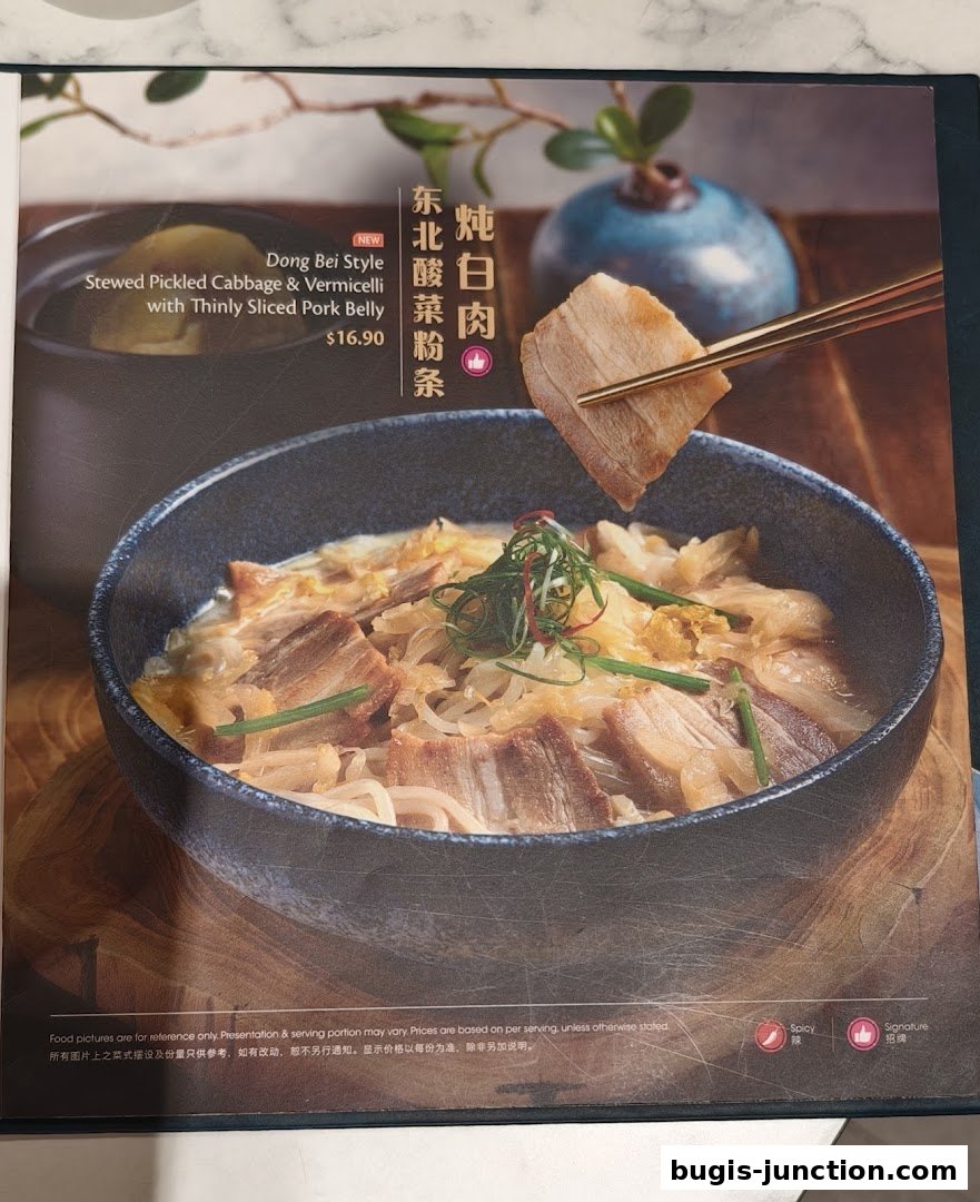 A close-up of a Dong Bei Style Stewed Pickled Cabbage & Vermicelli dish with pork belly.