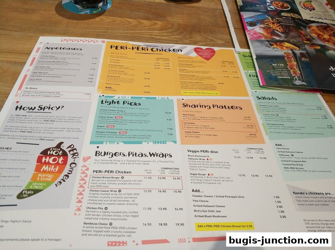 A Nando's menu featuring PERI-PERI chicken, burgers, wraps, salads, and sharing platters.