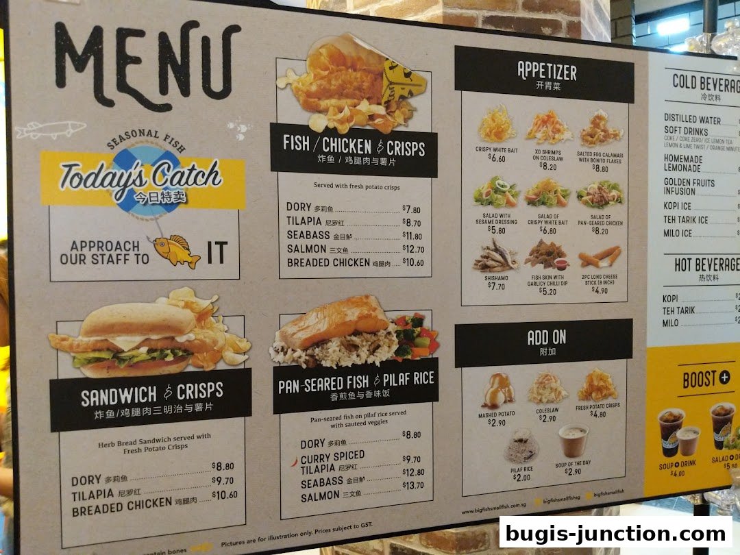 A menu board displaying various fish and chicken dishes, sandwiches, appetizers, and beverages.