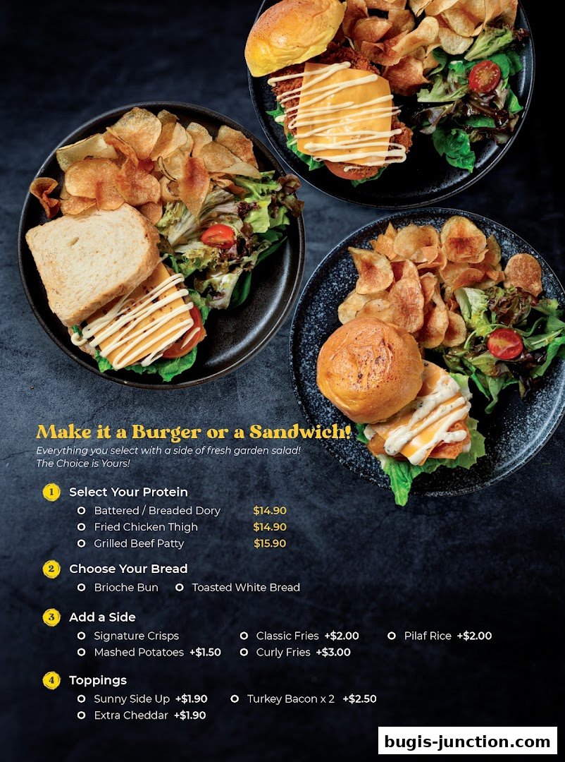 A menu showcasing customizable burgers and sandwiches with various protein, bread, side, and topping options.