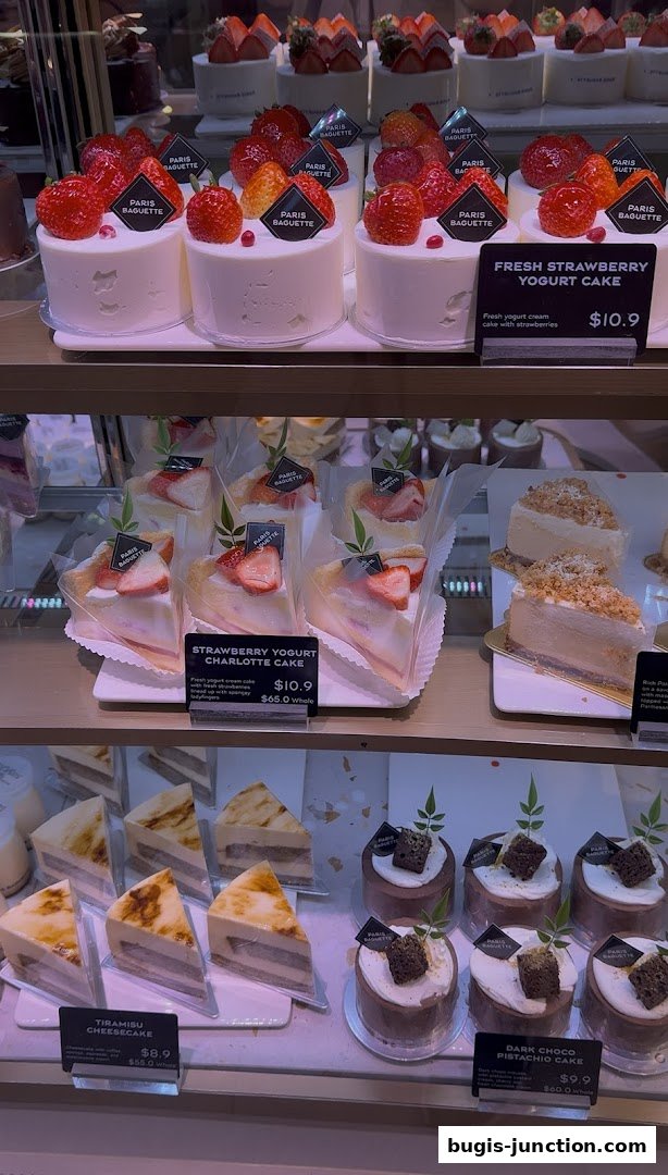 A display case filled with various cakes and pastries, featuring fresh strawberries and elegant decorations.