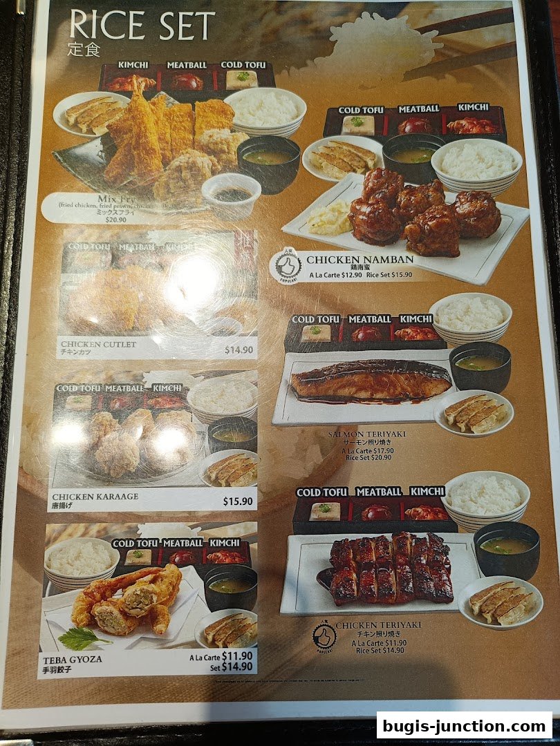 A menu featuring various rice sets with options like Mix Fry, Chicken Cutlet, and Teriyaki.