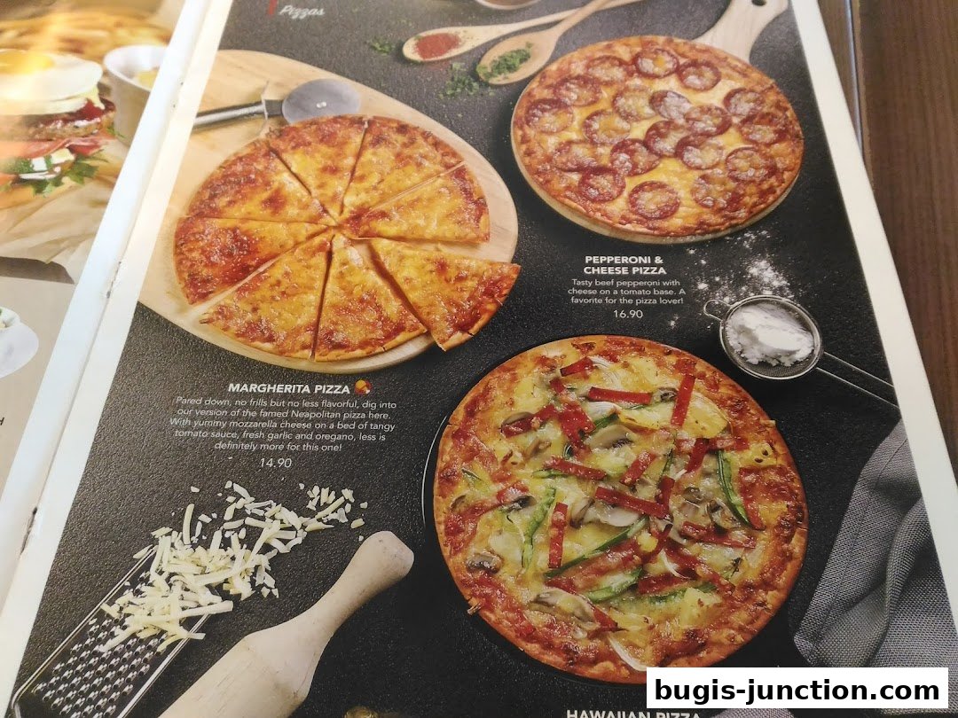 A menu page showcasing three delicious pizzas: Margherita, Pepperoni & Cheese, and Hawaiian.