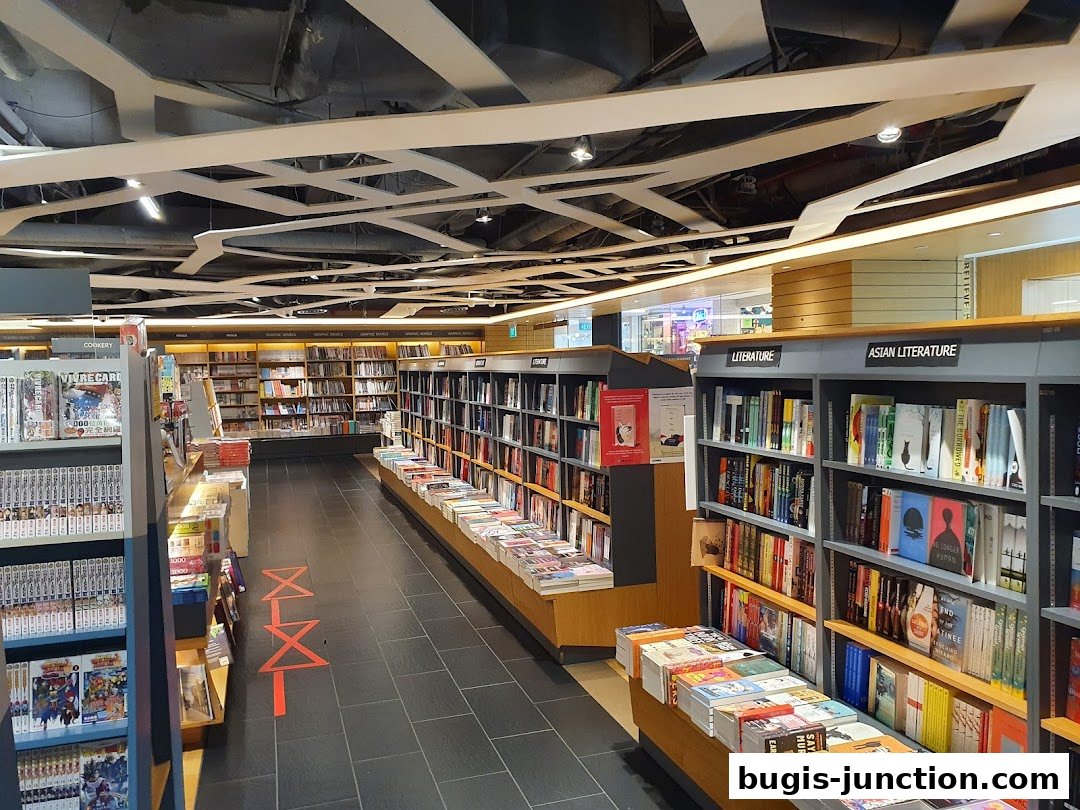 Interior view of a large bookstore with shelves full of books and aisles.
