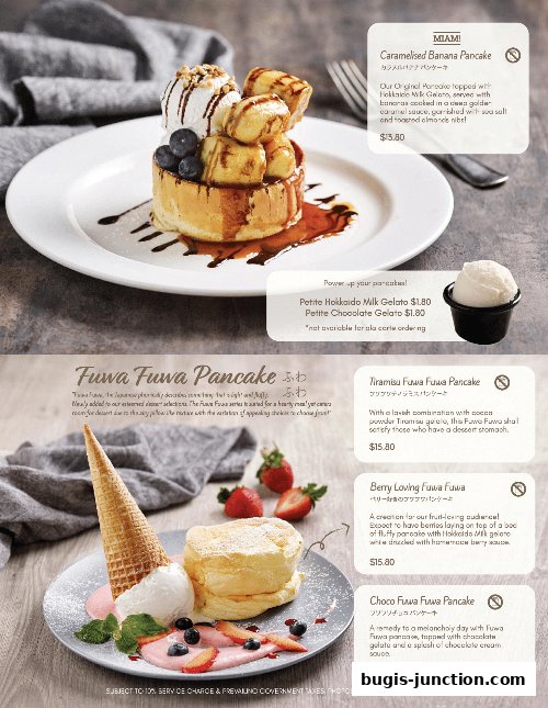 A menu showcasing Miam Miam's signature pancakes and gelato with enticing descriptions.