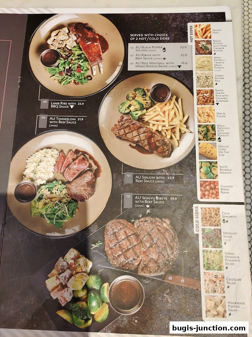 A menu from Josh's Grill featuring various steak and rib dishes with side options.