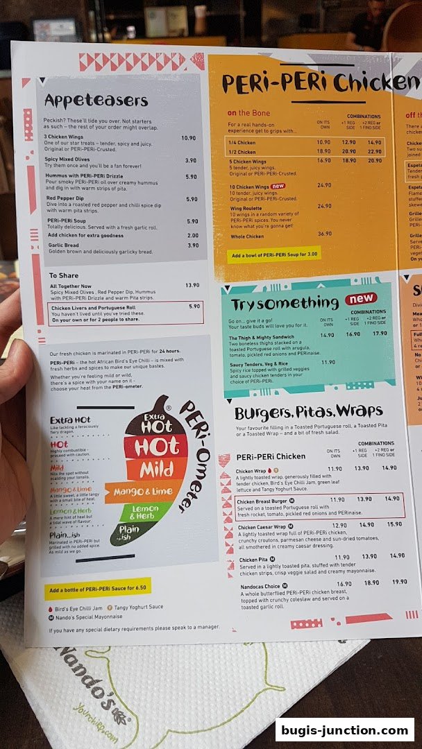A Nando's menu featuring PERi-PERi chicken, appetizers, burgers, pitas, and wraps.