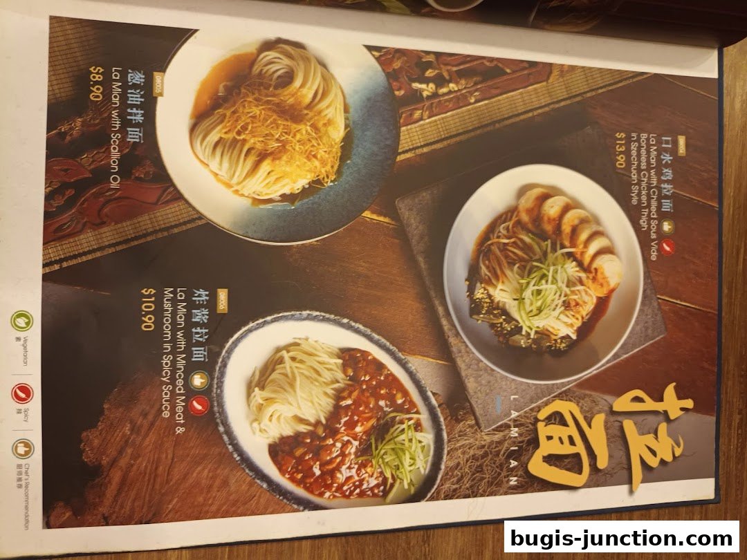 A menu featuring three delicious La Mian noodle dishes with prices and descriptions.