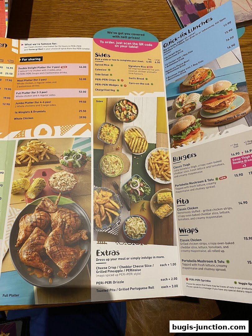 A menu from Nandos featuring flame-grilled chicken, sides, burgers, pitas, and wraps.