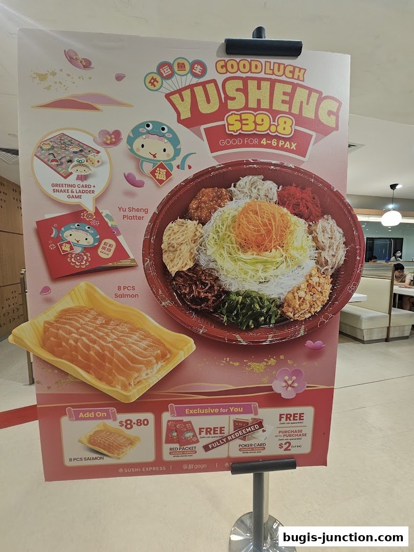 A promotional poster for Sushi Plus featuring a Good Luck Yusheng platter and salmon.