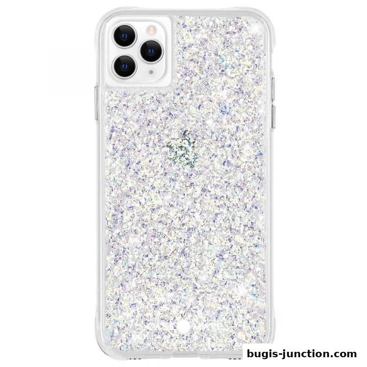A clear phone case with a glittery, iridescent interior for an iPhone.