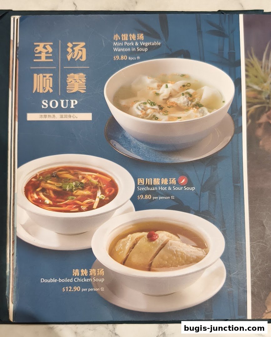 A menu page showcasing three different types of soup with accompanying images and descriptions.
