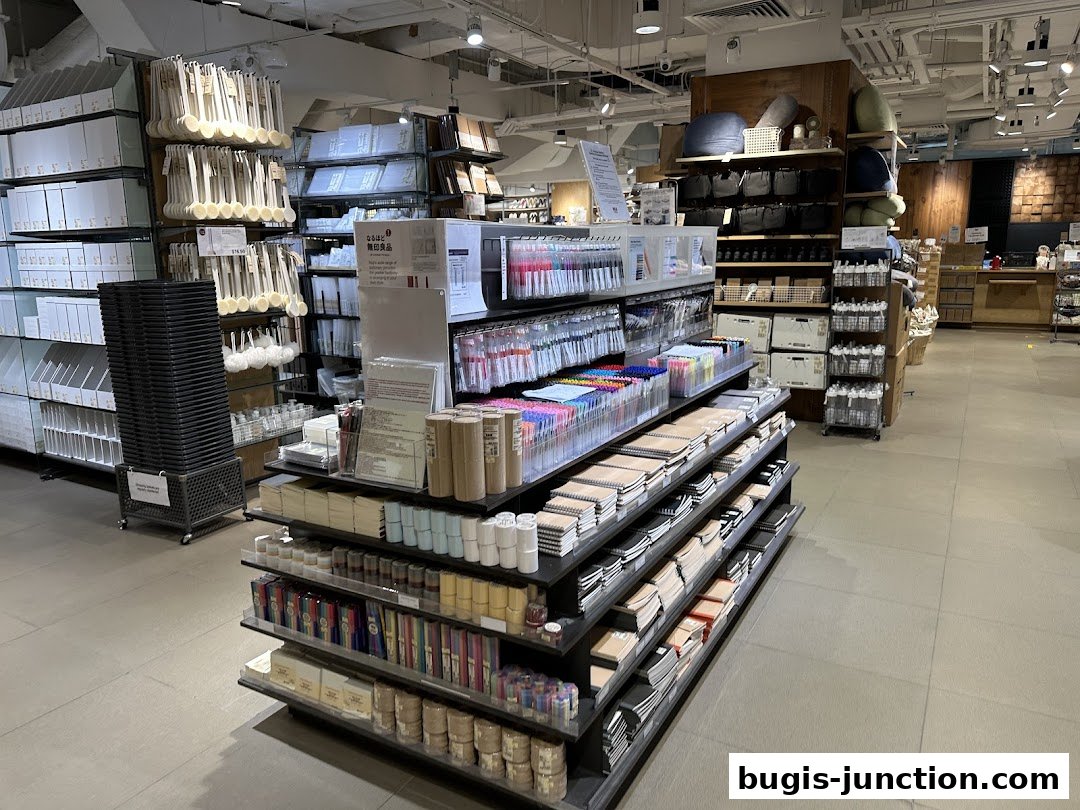 Interior view of a MUJI store showcasing stationery, home goods, and storage solutions.