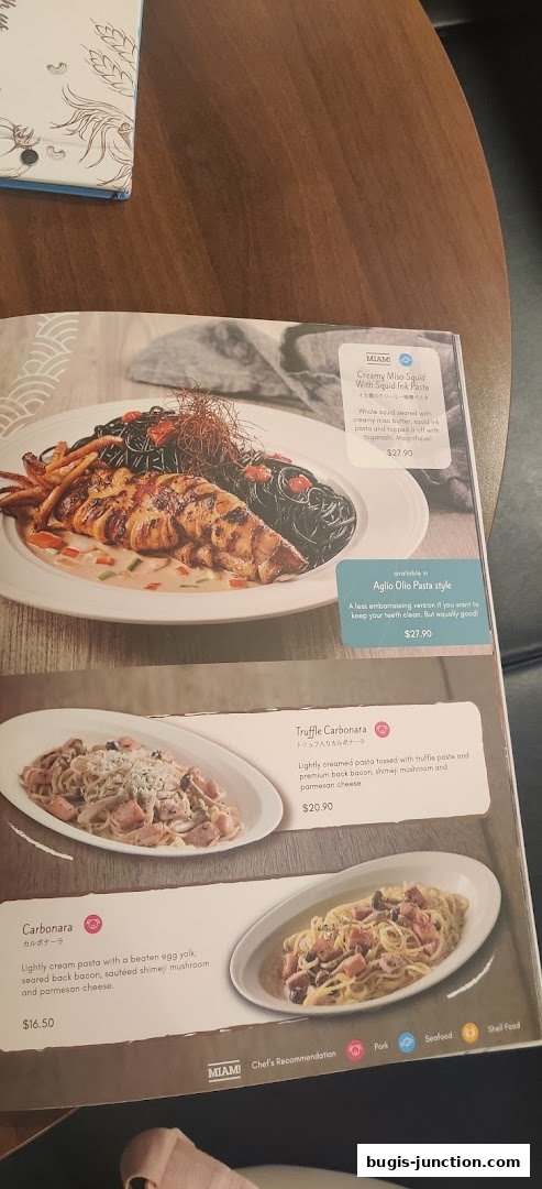 A menu showcasing various pasta dishes with detailed descriptions and prices.