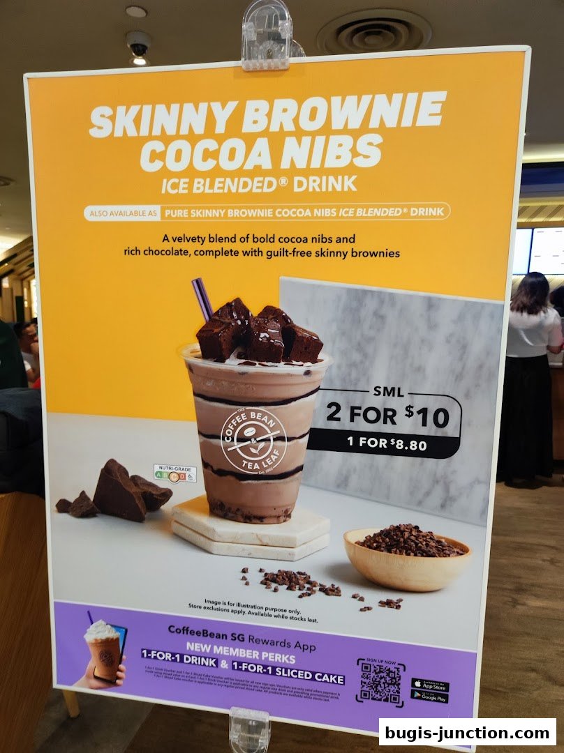A promotional sign for The Coffee Bean and Tea Leaf's Skinny Brownie Cocoa Nibs Ice Blended Drink.