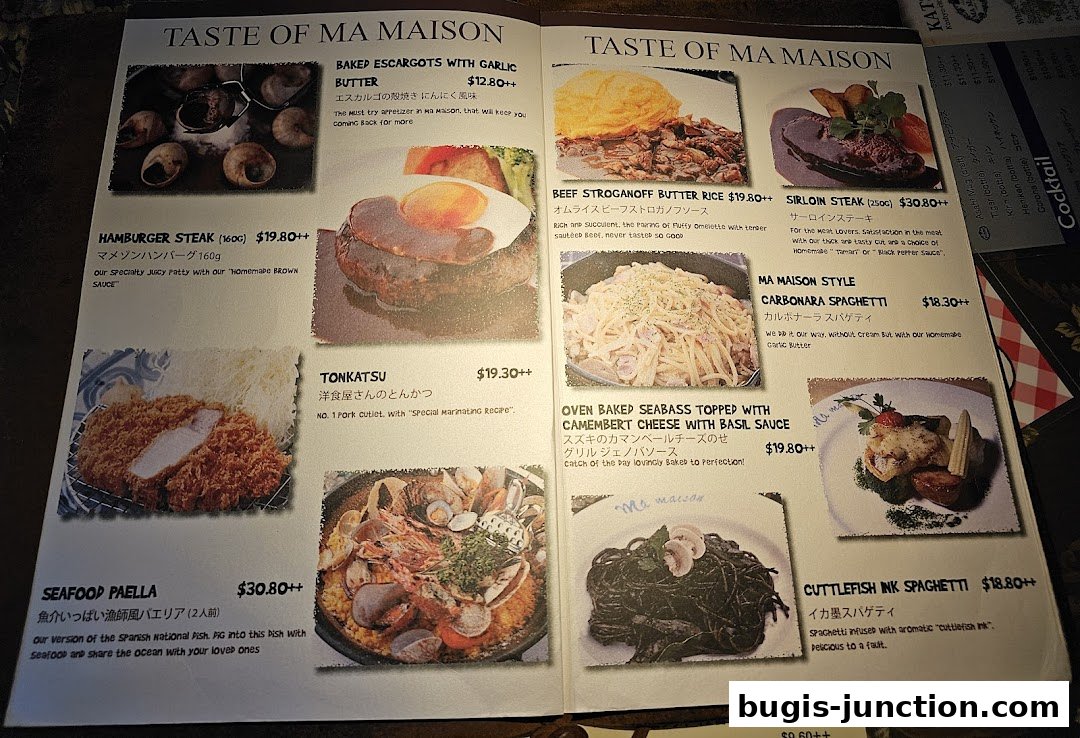 A menu from MA MAISON featuring various dishes like escargots, steak, pasta, and seafood.
