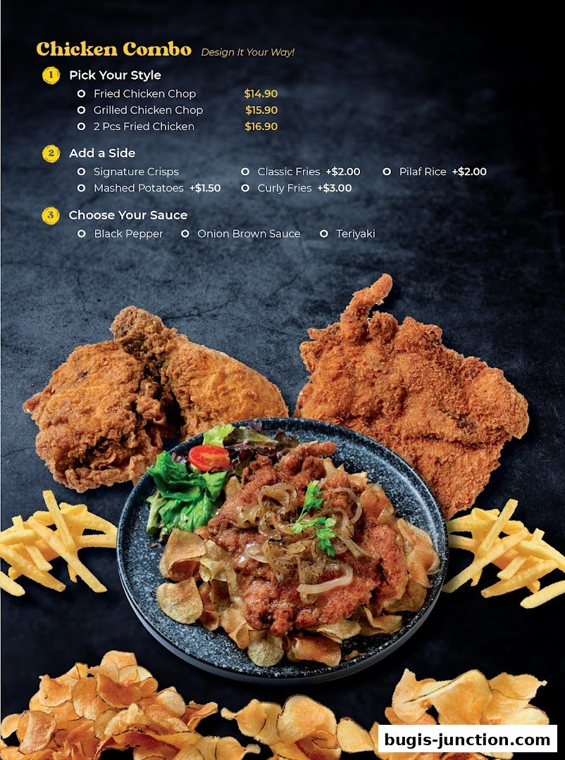 A menu showcasing customizable chicken combos with various styles, sides, and sauces.
